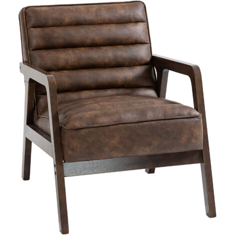 Sillón tapizado en poliuretano con estructura de madera maciza y asiento acolchado para salón o dormitorio - Marrón