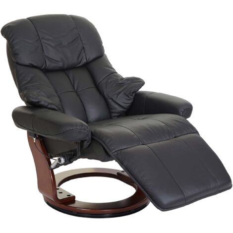 Sillón TV relajante giratorio con reposapiés ajustable de cuero auténtico negro, estructura de madera óptica de nogal 040007815