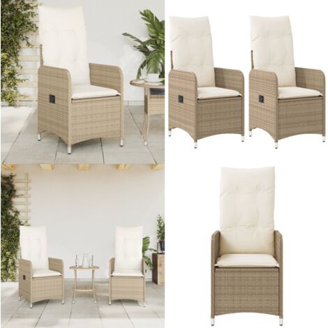 Sillones reclinables de jardín con cojines beige 2 uds ratán PE - Sillas de jardín con respaldo ajustable - Sillas de jardín con cojines
