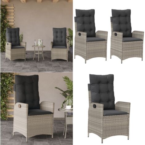 Sillones reclinables de jardín con cojines gris 2 uds ratán PE - Sillas de jardín con respaldo ajustable - Sillas de jardín con cojines
