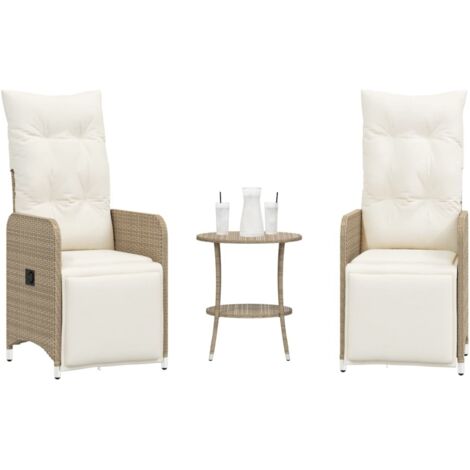 Sillones reclinables de jardín con mesa 2 uds ratán PE beige