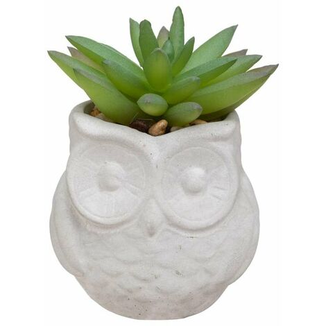 Silumen – Plante verte artificielle 8 cm – Pot hibou décoratif – Matériaux ciment et polyéthylène – Pour intérieur sans entretien