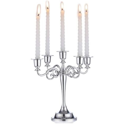 Silver candelabra candle holder, 5-arm candle holder, 27 cm tall, represents taper candles for centerpieces, birthday parties, weddings, dining tables and Christmas decorations
