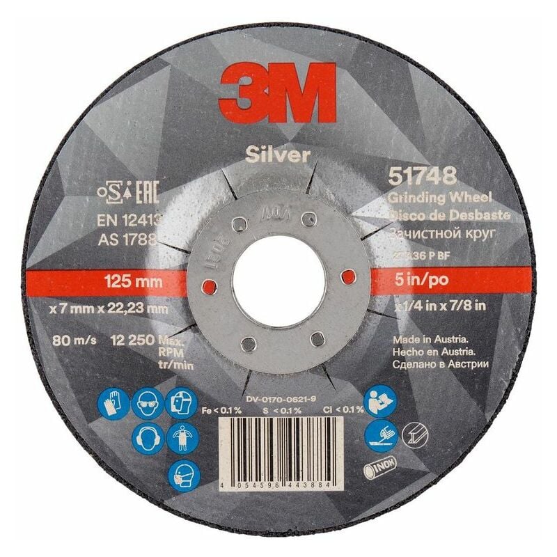 3M - Silver Depressed Centre Grinding Wheel, T27, 125 mm x 7 mm x 22.2 mm