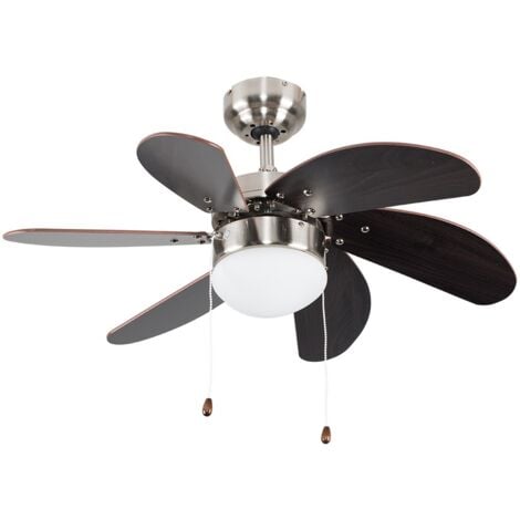 Silver Chrome And Wood 30" Modern 6 Blade Ceiling Fan With Flush Light
