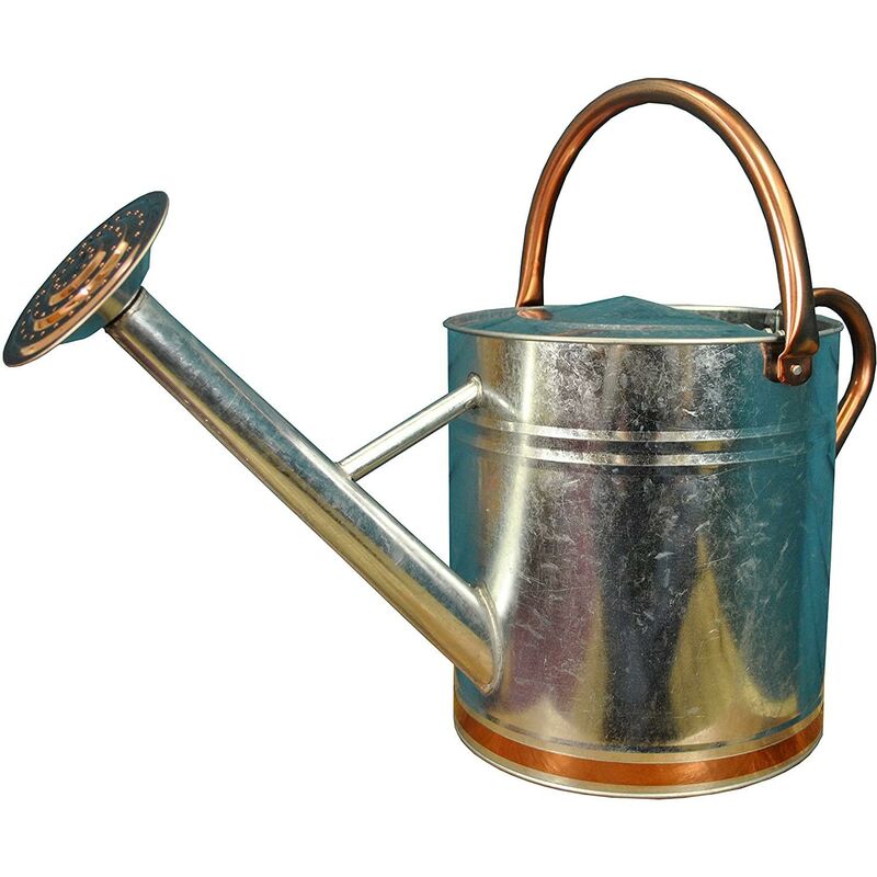 Silver & Copper Trim Metal Watering Can with Rose (9 Litre)