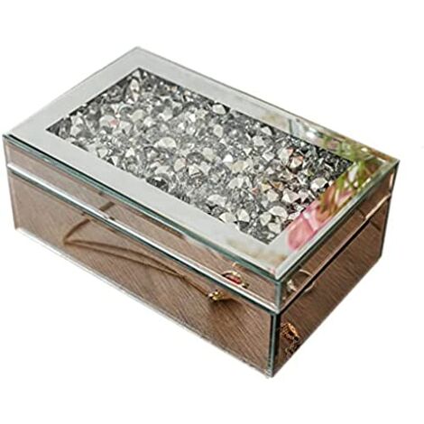 Silver Crushed Diamante Mirrored Glass Jewellery Box with Black Velvet Box for Jewellery Storage – Mirrored Jewellery Box