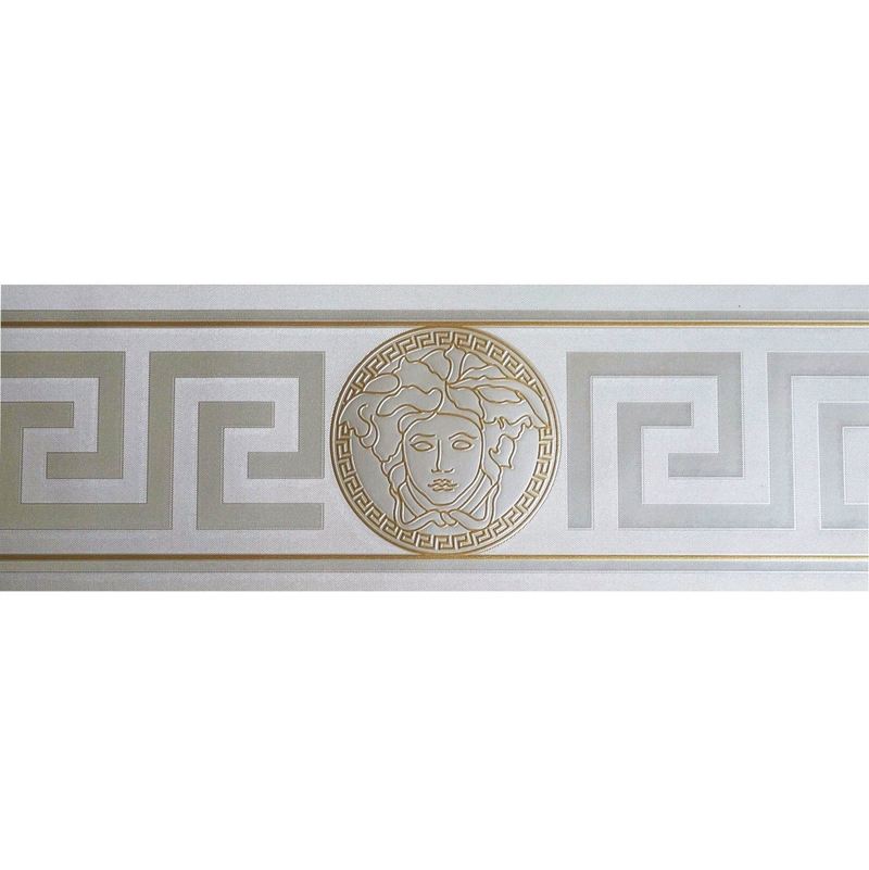 Silver & Gold Versace Wallpaper Border Modern Satin Greek Key Textured Designer