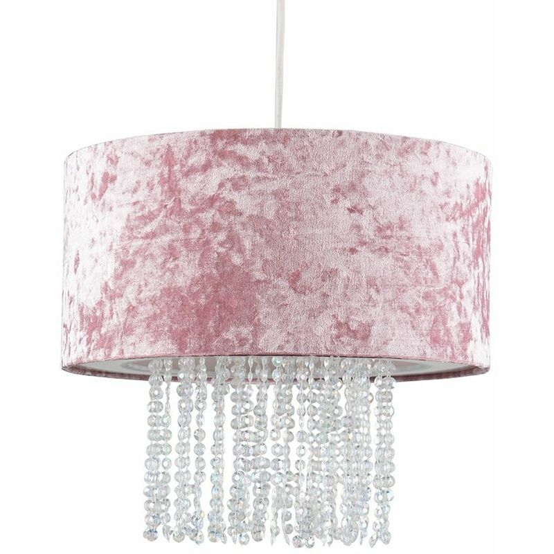 Minisun - Velvet Ceiling Pendant Light Shade With Clear Acrylic Droplets - Pink - Including LED Bulb