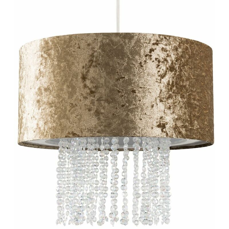 Minisun - Velvet Ceiling Pendant Light Shade With Clear Acrylic Droplets - Gold - No Bulb