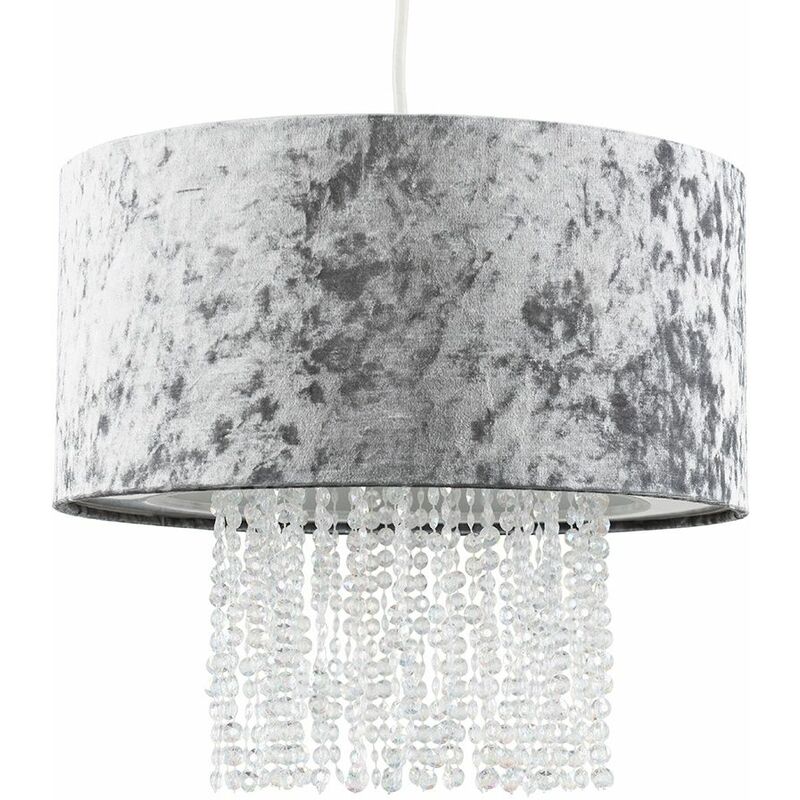 Minisun - Velvet Ceiling Pendant Light Shade With Clear Acrylic Droplets - Grey - No Bulb