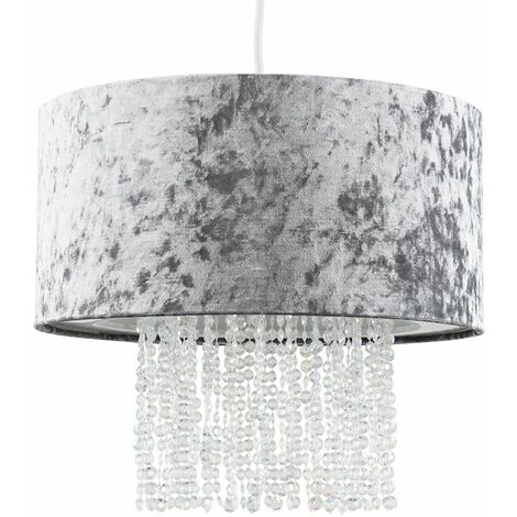 Silver Grey Velvet Ceiling Pendant Light Shade With Clear Acrylic Droplets 24830