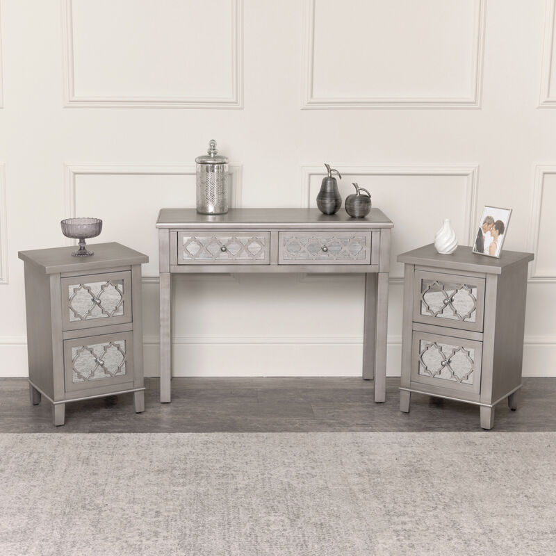 Silver Mirrored Console Table / Dressing Table & Pair of Silver Mirrored Bedside Tables - Sabrina Silver Range - Silver, Mirrored