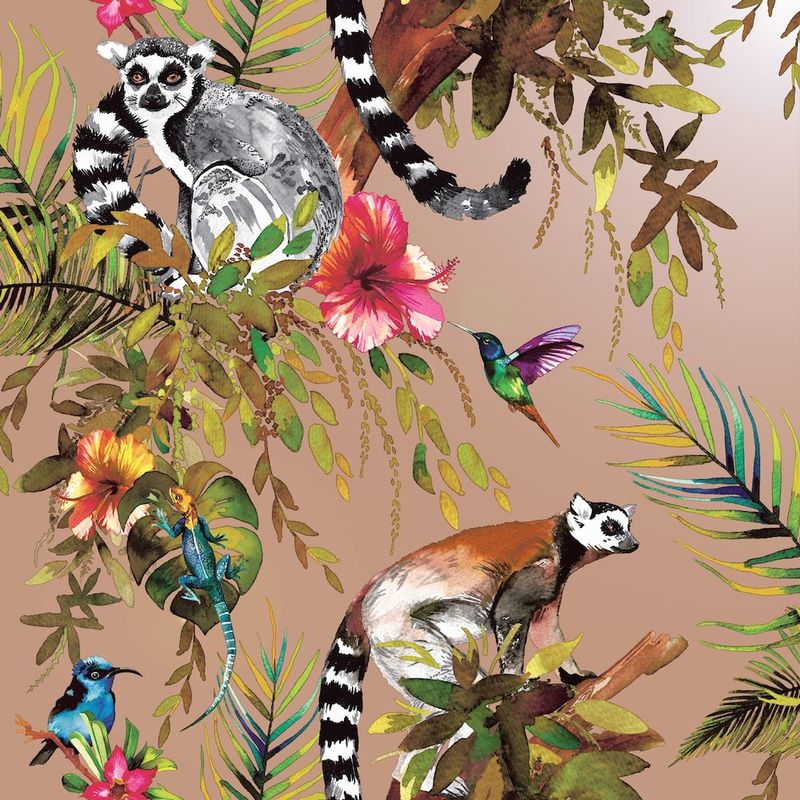 Lemur Wallpaper Rose Gold Tropical Jungle Birds Flowers Floral Trees Animals