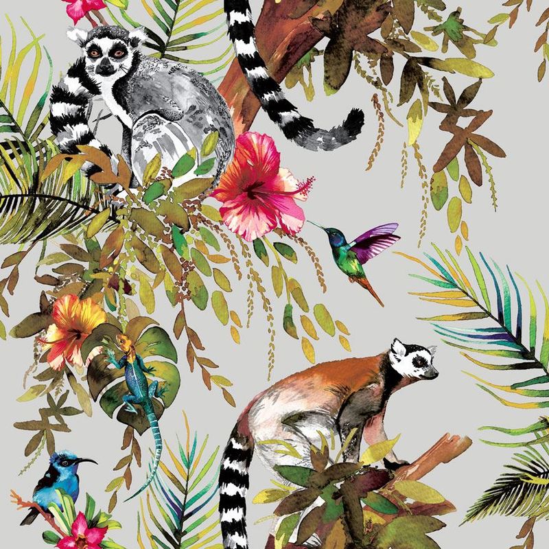 Holden Decor - Silver Multicoloured Lemur Wallpaper Monkeys Flowers Floral Trees Animals Holden