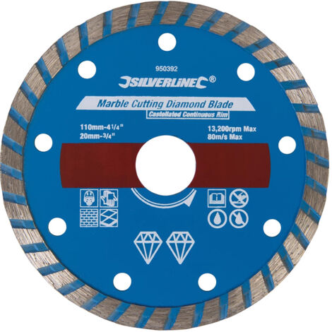 Silverline – Disque diamant 110mm pour scie à carrelage – Coupe à sec et humide – Lame fine pour marbre et céramique – Alésage 20mm