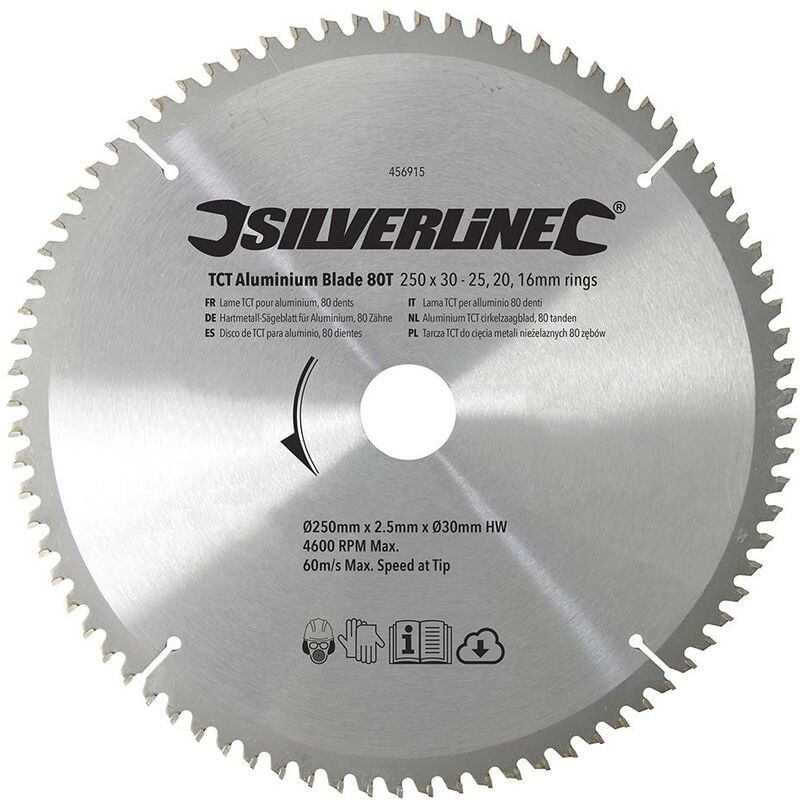 Silverline - Lama tct per alluminio 80 denti 250 x 30 - anelli di riduzione 25, 20,16 mm