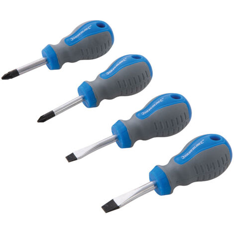 Silverline – Lot de 4 tournevis courts type Tom Pouce – Acier chrome-vanadium – 2 plats 5mm et 6mm, 2 Pozidriv PZ1 et PZ2 – Pour espaces exigus