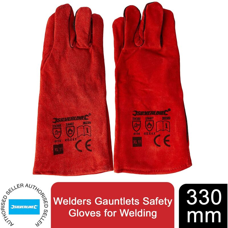 Silverline Welder Gauntlets Leather Red High Temperature Gloves Long Lined 1.2mm
