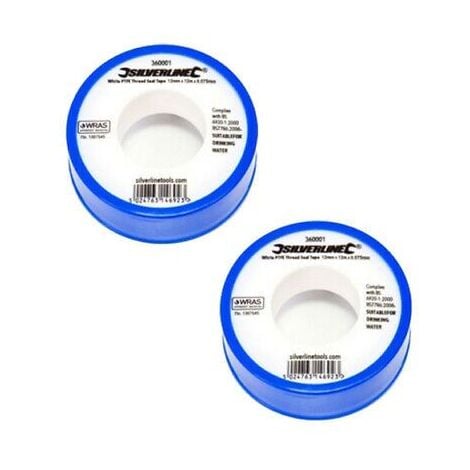 Silverline White PTFE Tape x2 Seal Fitting Plumbing Tape 12mmx12m