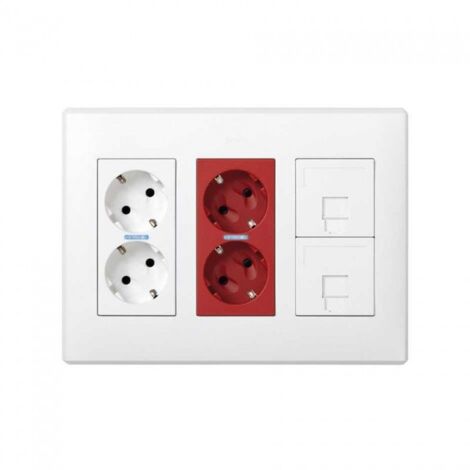Simon 500 Cima Gehäuse mit 6 Mechanismen, 2 weiße Schukos + 2 rote Schukos + 2 Rj45, Aufputz oder Unterputz. Weiß