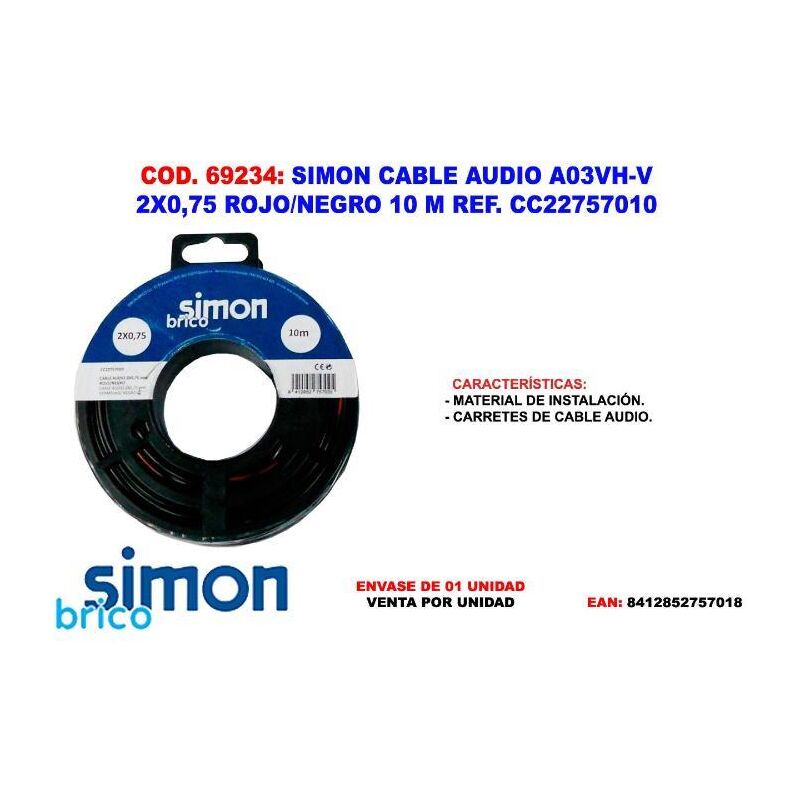 

simon cable audio a03vh-v 2x0,75 rojo-negro 10 m cc22757010 - Mibricotienda