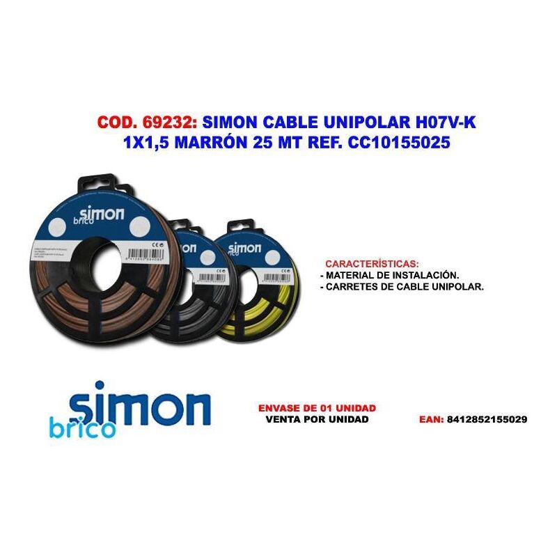 

simon cable unipolarh07v-k 1x1,5 marron 25 mt cc10155025 - Mibricotienda