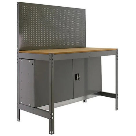 SimonRack Banco da Lavoro con Armadietto in Metallo – Portata 400 kg – 1445x910x610 mm – Tavolo Officina Fai da Te – Grigio/Legno – BT-2