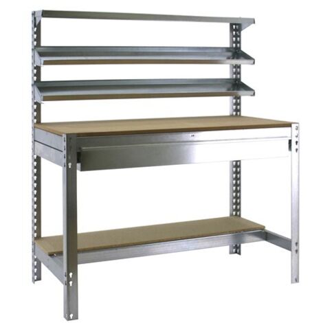SimonRack Banco da Lavoro con Cassetto a Guide Telescopiche e 3 Ripiani Superiori – Portata 400 kg – 1445x910x610 mm – Postazione Fai da Te Officina – Zincato/Legno – Bt-1