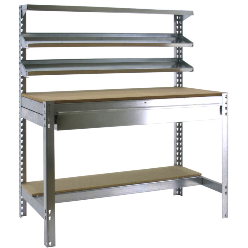 Etabli d'Atelier avec Tiroir à Glissières Télescopiques, Capacité de Charge 600 kg, 1445x1510x760 mm, 3 Étagères Supérieures, Table de Travail
