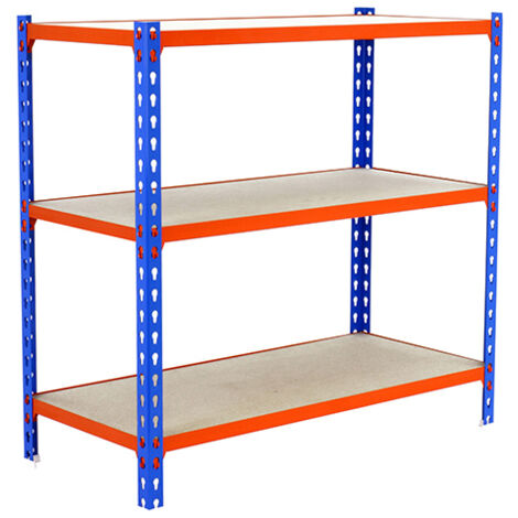 SimonRack Scaffale Portaoggetti, 1000x1100x300 mm, 3 Ripiani in Legno, Portata 200 kg per Ripiano, Scaffale da Garage, Blu/Arancione/Legno – Maderclick