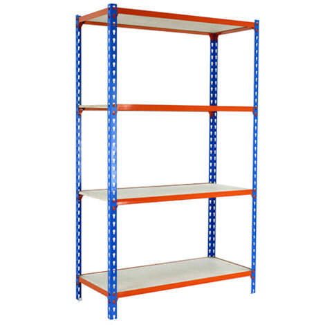 SimonRack Scaffale Portaoggetti, 1500x800x400 mm, 4 Ripiani in Legno, Portata 150 kg per Ripiano, Scaffale da Garage, Blu/Arancione/Legno – Maderclick