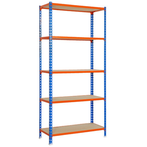 SimonRack Scaffale Portaoggetti, 2000x1100x300 mm, 5 Ripiani in Legno, Portata 200 kg per Ripiano, Scaffale da Garage, Blu/Arancione/Legno – Maderclick