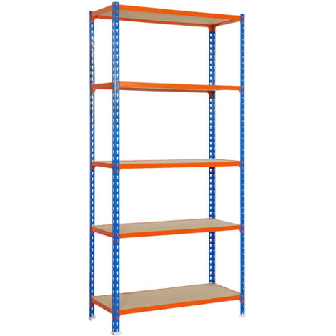 SimonRack Scaffale Portaoggetti, 2000x1200x400 mm, 5 Ripiani in Legno, Portata 200 kg per Ripiano, Scaffale da Garage, Blu/Arancione/Legno – Maderclick