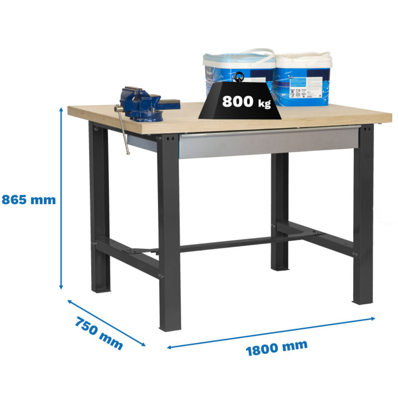 Simonrack - Etabli simonwork BT6L mdf 1BOX 1800x750 antracite/bois - 865x1800x750 600Kg