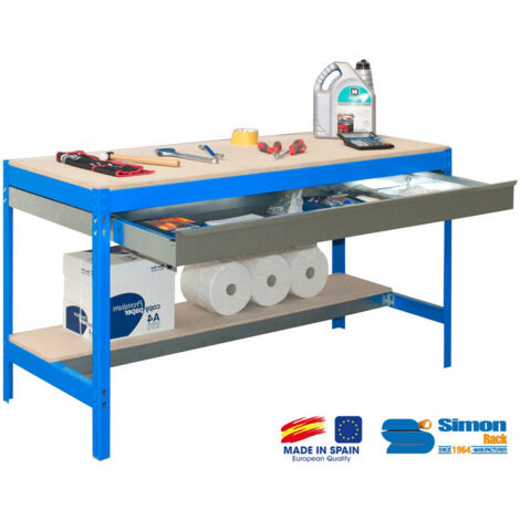SimonRack - Werkbank-Bausatz mit Schublade 840x1200x750mm - BT-0 BOX 1200 BLAU/HOLZ