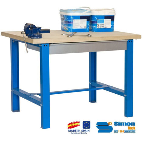 SimonRack - Werkbank mit Schublade 865x1500x750mm Blau/Holz - BT6-BOX 1500