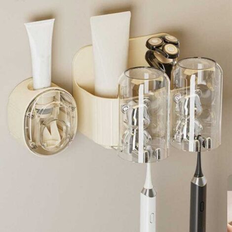 Simpatico portaspazzolino a forma di orsetto con dispenser automatico di dentifricio. Portaspazzolino da parete con 2 bicchieri.