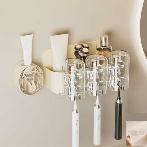 Simpatico portaspazzolino a forma di orsetto con dispenser automatico di dentifricio. Portaspazzolino da parete con 3 tazze.