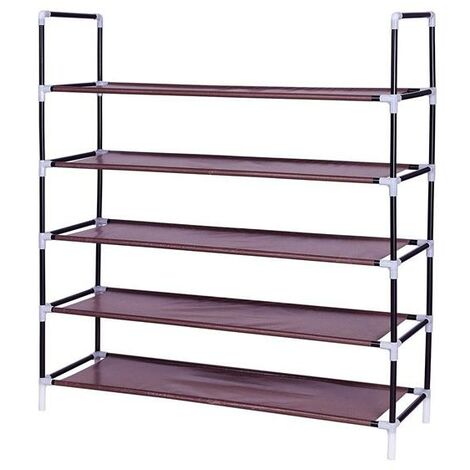 Simple Assembly 5 Tiers Non-woven Fabric Shoe Rack with Handle Dark Brown