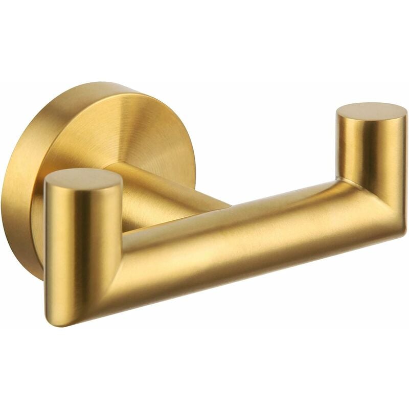Simple Bathroom Double Hook Brushed Gold, SUS304 Stainless Steel Bath Towel Holder, Double Robe Hanger Wall Mount
