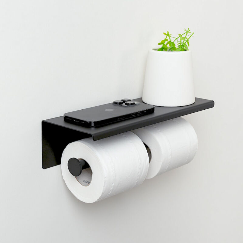 Porte-papier Toilette Noir en Inox avec Étagère de rangement, Support Papier Rouleau Mural pour 2 rouleaux