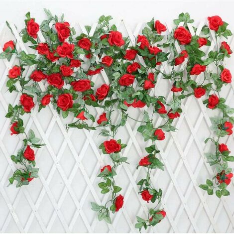 Simulation Rose Flower Vine Rattan Silk Wisteria Garland Hanging Rattan Arch Garden Wedding Decorations Home Decor-2Pc,Red