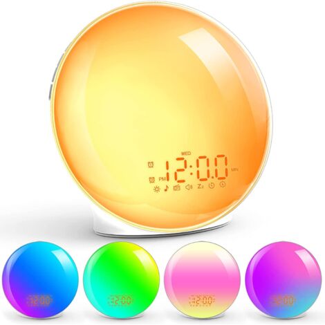 Simulazione Luce sveglia all'alba, Illusione al tramonto, Compagno di sonno con sveglia, Luce notturna colorata sul comodino