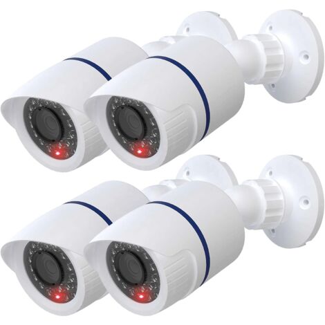 Simulierte Dummy-Dummy-Dome-Kamera für den Innen- und Außenbereich, CCTV-Sicherheit, mit LED-Licht, Sicherheitsalarm-Warnaufkleber, 4 Packungen, weiß