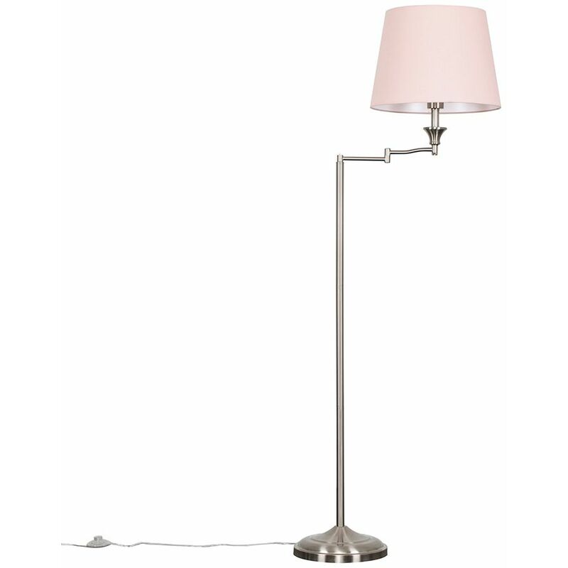Minisun - Sinatra Swing Arm Floor Lamp in Brushed Chrome with Aspen Shade - Pink - No Bulb