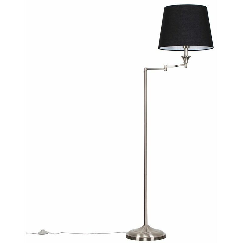 Minisun - Sinatra Swing Arm Floor Lamp in Brushed Chrome with Aspen Shade - Black - Including LED Bulb