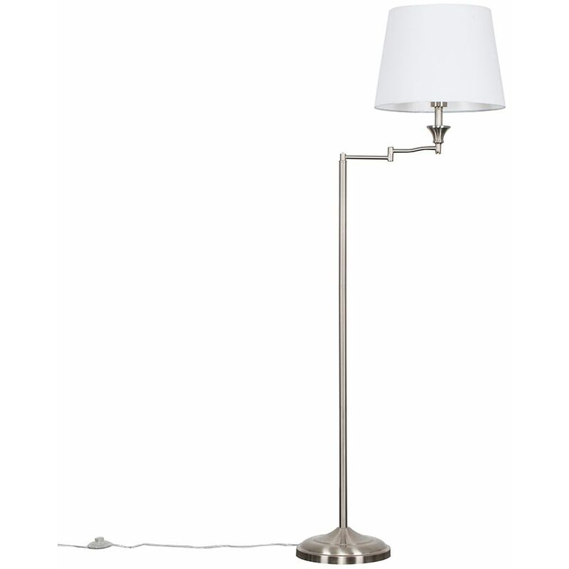 Minisun - Sinatra Swing Arm Floor Lamp in Brushed Chrome with Aspen Shade - White - No Bulb