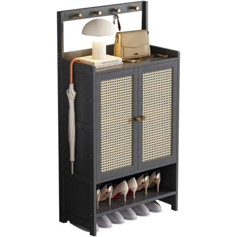 Sinbinta – Armoire à chaussures autoportante 67x32x131cm – Résistante à l'humidité – Crochets pour sacs et parapluies – Design élégant en rotin