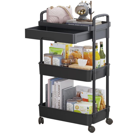 Sinbinta – Chariot de rangement à roulettes 3 niveaux – Design ergonomique avec tiroir – Capacité 20 kg par niveau – Plastique noir – Facile à déplacer